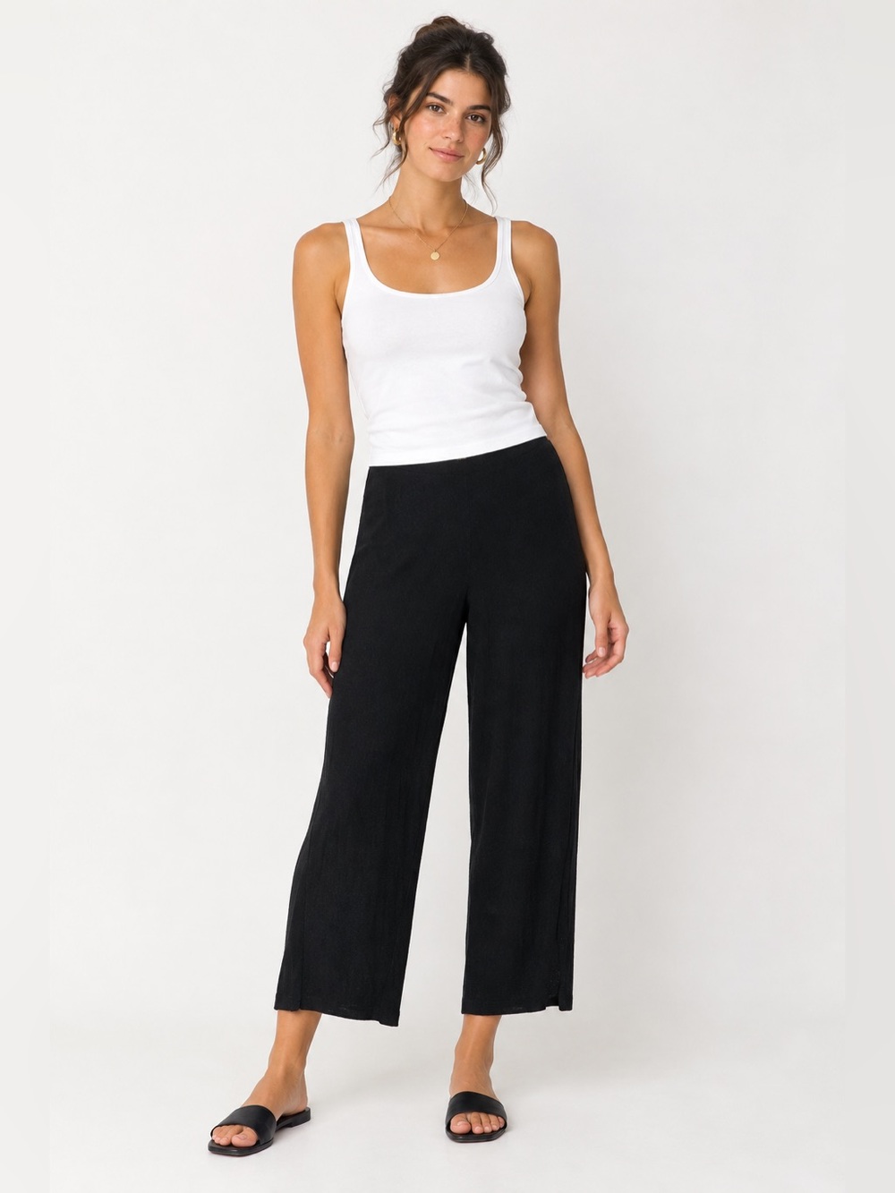 Eileen Fisher Classic Straight Leg Cropped Black Pants Elastic Waist Pull On